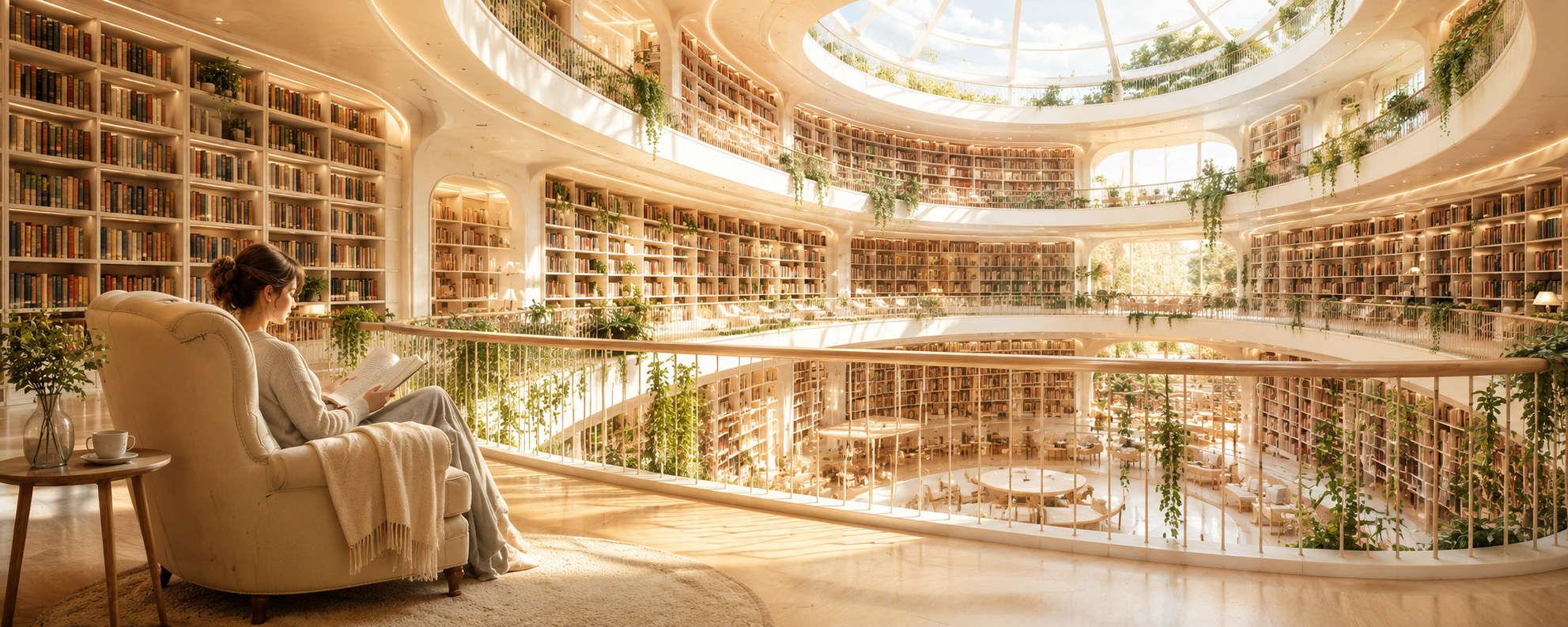 A grand circular library, warm and golden, with books lining every wall